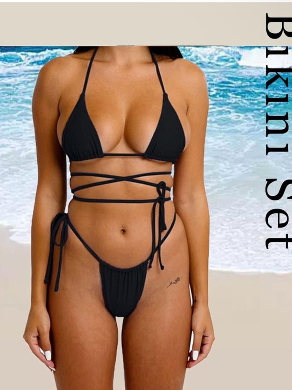 Women’s S Black Sexy Halter Top Swimsuit Adjustable Tie Side Triangle Bikini NWT